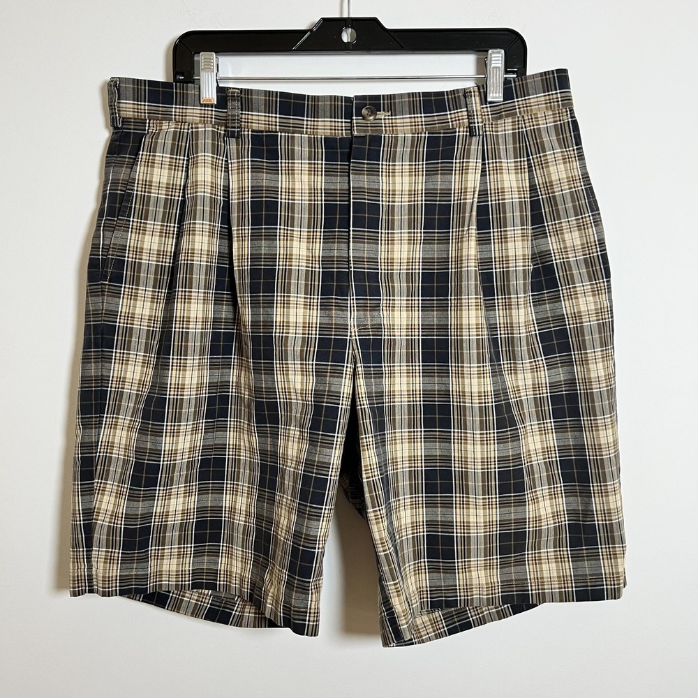 Mens Plaid Shorts Size 36 Brown Cotton Pleated Chino Preppy Classic Golf Casual